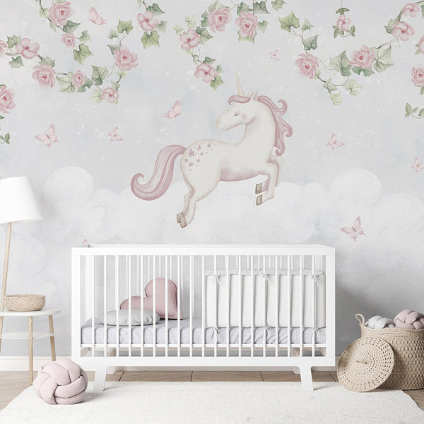Flying Unicorn in Bloom Wall Mural AM146 - CostaCover-Peel and stick Removable Wallpaper-accent wallpaper-adhesive wallpaper-baby bedroom
