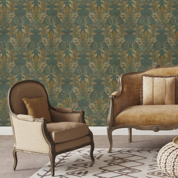 Moody green damask wall mural with distressed antique gold ornament, layered texture, and vintage character for a bedroom, study, or dining room.