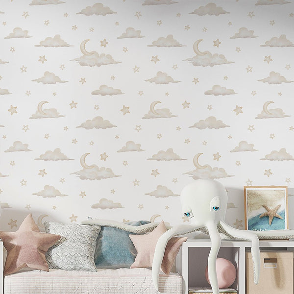 Tiny Clouds & Moon Wallpaper A055 - CostaCover-Peel and stick Removable Wallpaper-accent wallpaper-adhesive wallpaper-baby bedroom