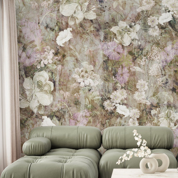 Beige Vintage Flowers Garden Wall Mural SM046 - CostaCover - Peel and stick Removable Wallpaper - abstract floral - accent wallpaper - adhesive wallpaper