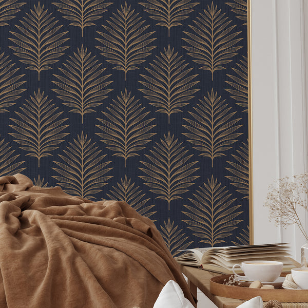 Navy Blue Palm Leaves Wallpaper L059