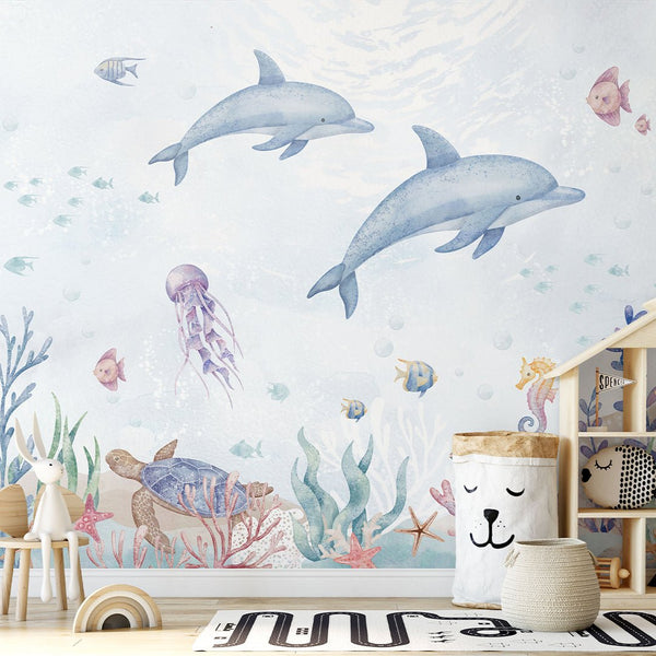 Blue Dolphins Wall Mural SM060 - CostaCover - Peel and stick Removable Wallpaper - accent wallpaper - adhesive wallpaper - baby bedroom