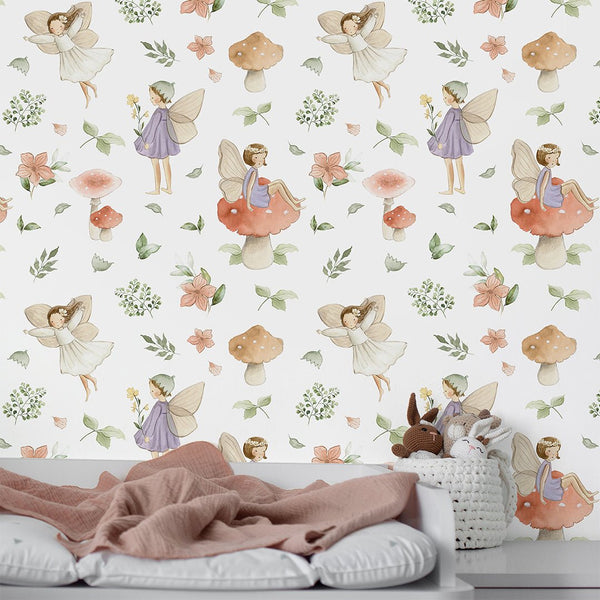 Cute Fairy and Mushroom Wallpaper S084 - CostaCover - Peel and stick Removable Wallpaper - accent wallpaper - adhesive wallpaper - baby bedroom