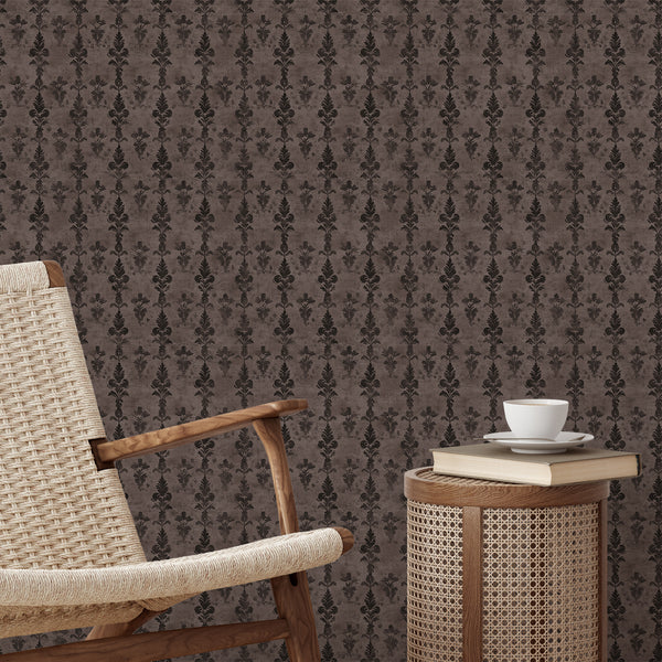 Brown damask wallpaper with a traditional floral-foliate pattern in dark brown, set against a mid-brown distressed background. Perfect for adding richness to dining rooms or living rooms with classic decor.