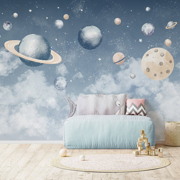 Blue Planets in Space Wall Mural SM091 - CostaCover - Peel and stick Removable Wallpaper - abstract wall art - accent wallpaper - adhesive wallpaper