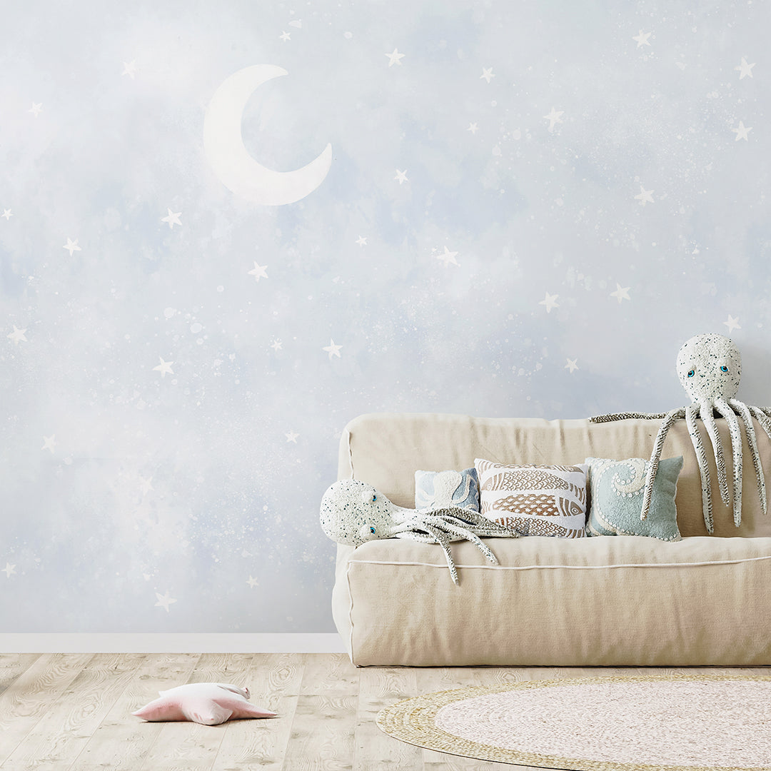 Pastel Blue Moon & Stars Wall Mural SM074