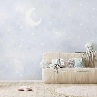 Pastel Blue Moon & Stars Wall Mural SM074