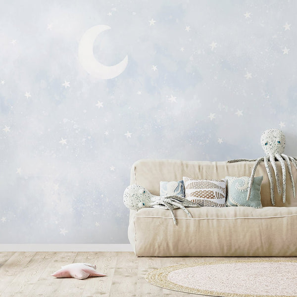 Pastel Blue Moon & Stars Wall Mural SM074 - CostaCover - Peel and stick Removable Wallpaper - Abstract - abstract wall art - abstract wallpaper