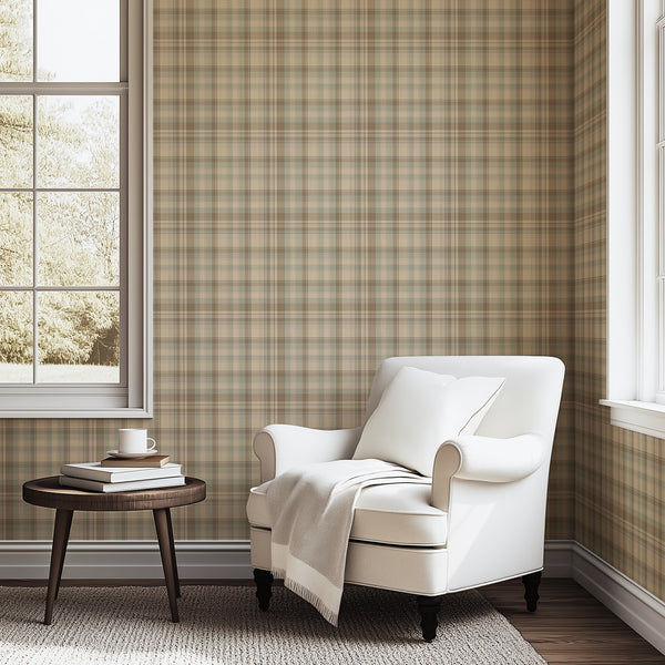 Beige brown plaid wallpaper featuring a vintage tartan check pattern with warm taupe, muted sage green, and soft earthy tones for a cozy cottagecore bedroom.