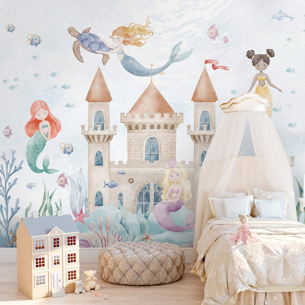 Mermaids and Castle Wall Mural SM065 - CostaCover - Peel and stick Removable Wallpaper - accent wallpaper - adhesive wallpaper - ariel mermaid