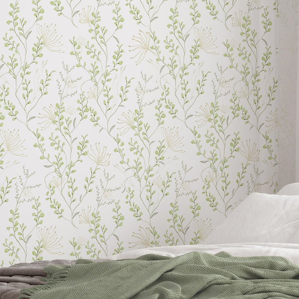 Green Wildflowers Wallpaper W046 - CostaCover - Peel and stick Removable Wallpaper - accent wallpaper - adhesive wallpaper - art deco bathroom