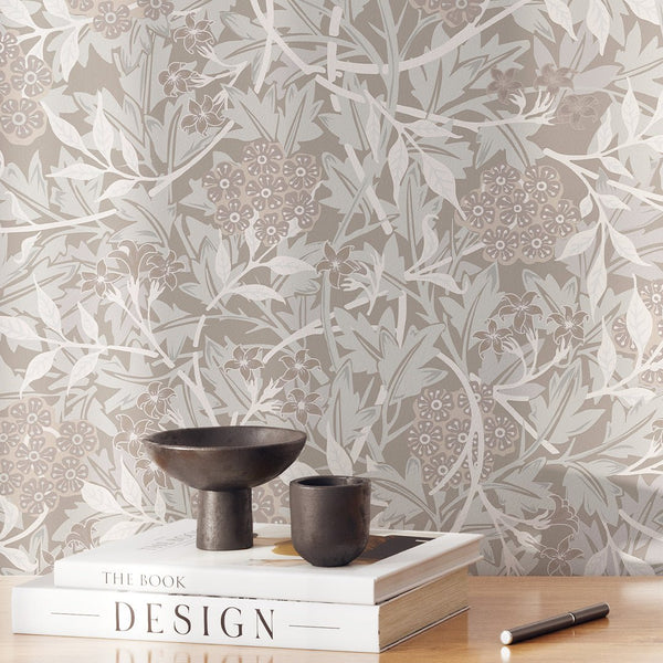 Beige & Brown Jasmine by Morris Wallpaper W105 - CostaCover - Peel and stick Removable Wallpaper - abstract floral - abstract wall art - abstract wallpaper