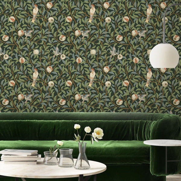 Green Bird & Pomegranate by Morris Wallpaper W087 - CostaCover - Peel and stick Removable Wallpaper - abstract wall art - abstract wallpaper - accent wallpaper
