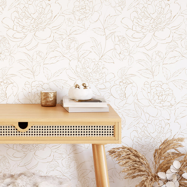 Close-up of Beige Peony Wallpaper's intricate linework featuring overlapping botanical elements in warm beige on a neutral backdrop. Ideal for a minimalist living room or hallway, this pre-pasted wallpaper adds a sophisticated touch with its airy, medium-large floral clusters and monochrome palette.