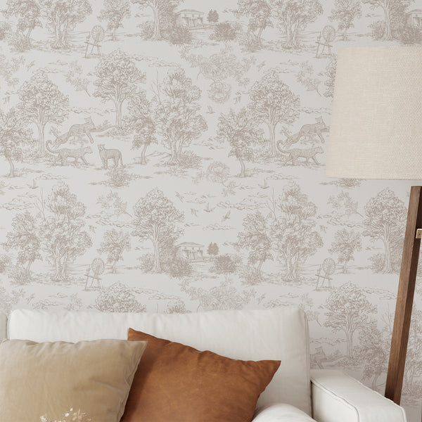 Beige French Toile Safari Wallpaper L069