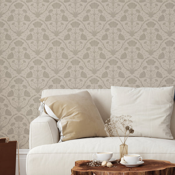 Taupe Vintage Floral Wallpaper featuring vertical columns of simplified blooms and foliage, perfect for a bedroom with cottagecore decor. This removable wallpaper offers a soft, neutral contrast and is made from eco-friendly materials, ideal for renters seeking a temporary decor solution.