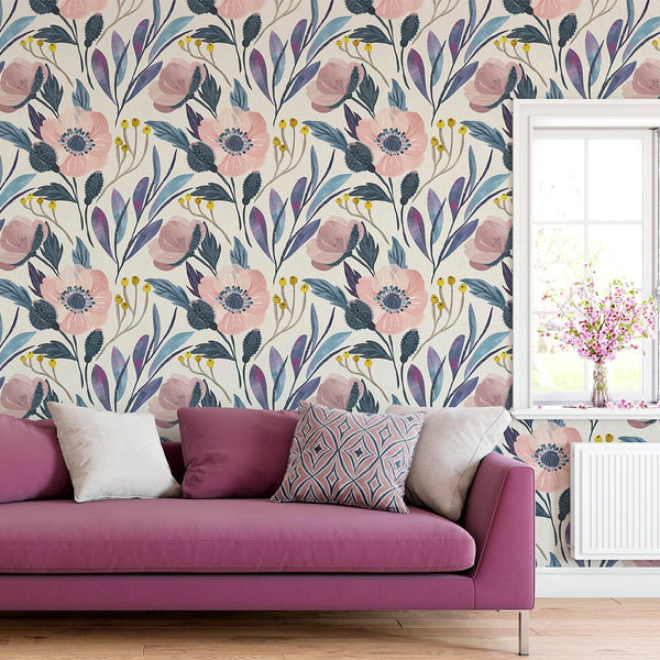Poppy Pink Flower Wallpaper CC005 - CostaCover - Peel and stick Removable Wallpaper - adhesive wallpaper - bathroom wallpaper - bedroom interior