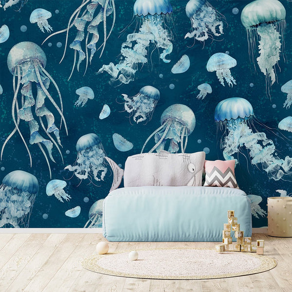 Blue Neon Jellyfish Wall Mural SM063 - CostaCover - Peel and stick Removable Wallpaper - accent wallpaper - adhesive wallpaper - baby bedroom