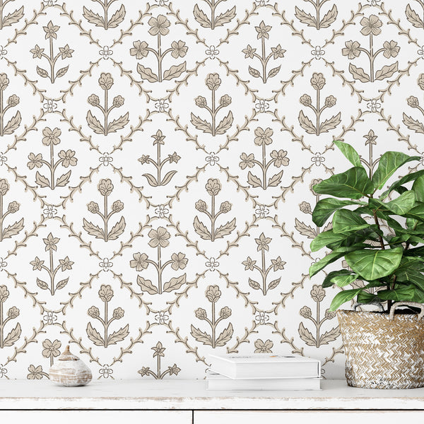 Beige Floral Lattice Wallpaper L120