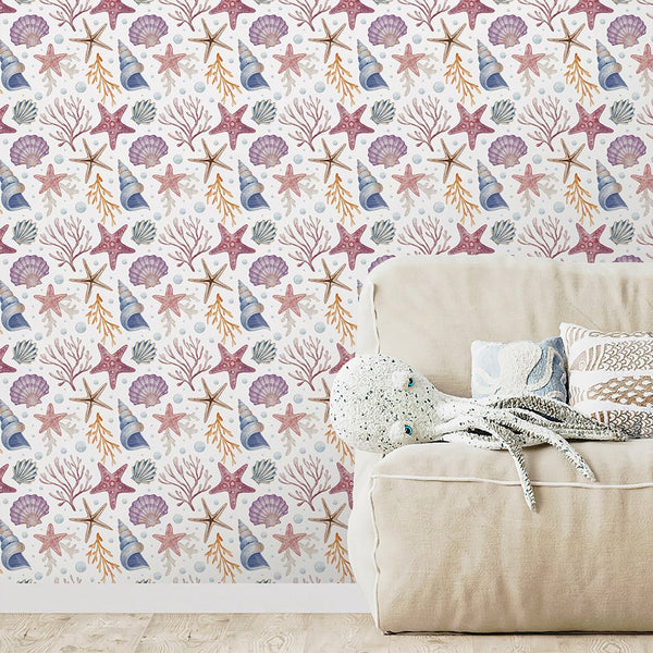 Seashells and Corals Wallpaper S090 - CostaCover - Peel and stick Removable Wallpaper - accent wallpaper - adhesive wallpaper - baby bedroom