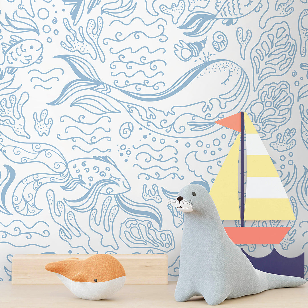 Blue Line Art Whale Wallpaper S099