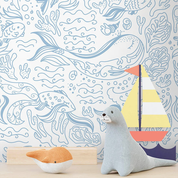 Blue Line Art Whale Wallpaper S099 - CostaCover - Peel and stick Removable Wallpaper - Abstract - abstract lines - abstract mural