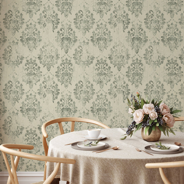 Timeworn damask wallpaper in sage green, offering a classic, decorative repeat for living room walls.