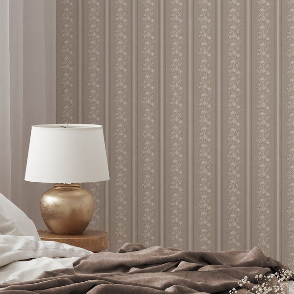 Taupe Beige Floral Stripe Wallpaper L127