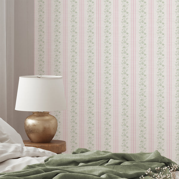 Pink Green Floral Stripe Wallpaper L131