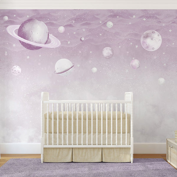 Lilac Planets in Space Wall Mural SM088 - CostaCover - Peel and stick Removable Wallpaper - accent wallpaper - adhesive wallpaper - baby bedroom