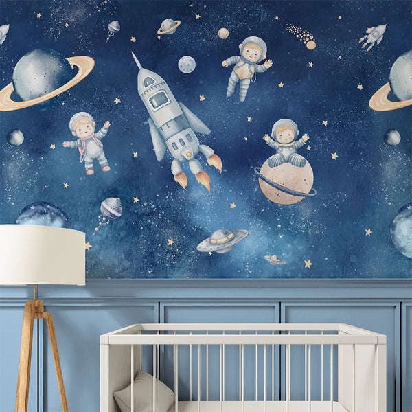 Dark Blue Astronauts & Spaceship Wall Mural SM083 - CostaCover - Peel and stick Removable Wallpaper - accent wallpaper - adhesive wallpaper - bathroom wallpaper