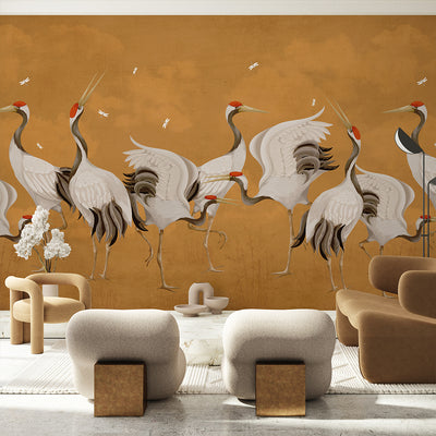 Mustard Color Japanese Cranes Wall Mural WM112