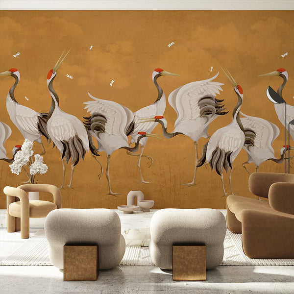 Mustard Color Japanese Cranes Wall Mural WM112 - CostaCover - Peel and stick Removable Wallpaper - accent wallpaper - adhesive wallpaper - bathroom wallpaper