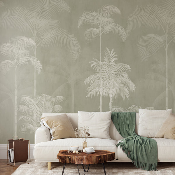 Sage green tropical palm tree wallpaper with soft cream palms and layered botanical foliage for a serene neutral bedroom or living room.