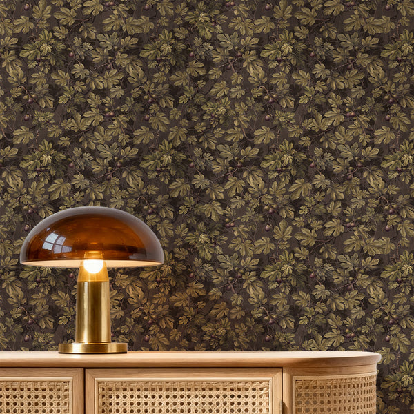 English country cottage wallpaper with detailed fig leaves, twisting branches and clusters of purple figs on a dark earthy brown background.