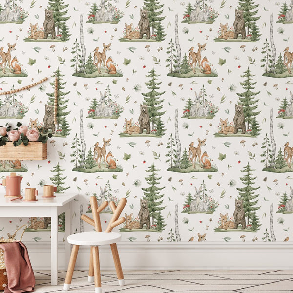 Forest Animals Wallpaper W074 - CostaCover - Peel and stick Removable Wallpaper - abstract wall art - accent wallpaper - adhesive wallpaper
