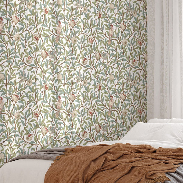 Green Bird & Pomegranate by Morris Wallpaper W088 - CostaCover - Peel and stick Removable Wallpaper - abstract wall art - abstract wallpaper - accent wallpaper