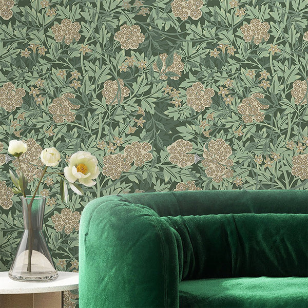 Green & Beige Jasmine by Morris Wallpaper W106 - CostaCover - Peel and stick Removable Wallpaper - abstract floral - abstract wall art - abstract wallpaper