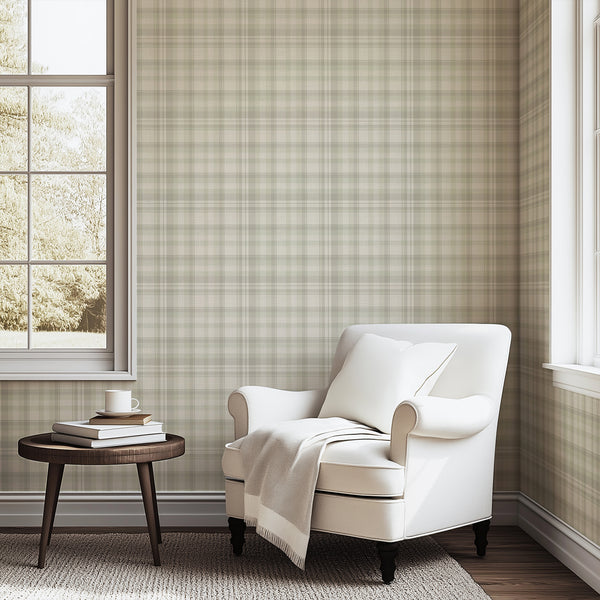 Light sage green plaid wallpaper featuring a classic tartan check pattern with soft muted green and warm ivory tones, perfect for cozy cottagecore bedroom interiors.