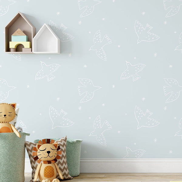 Light Blue White Birds Wallpaper S053 - CostaCover - Peel and stick Removable Wallpaper - abstract wall art - abstract wallpaper - accent wallpaper