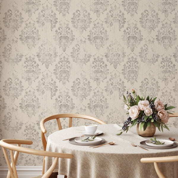 Vintage-inspired damask wallpaper with a matte finish, bringing timeless character to bedrooms and living areas.