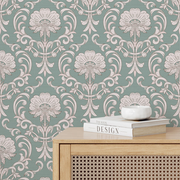 Floral damask wallpaper with ornate medallions and acanthus details on a seafoam teal ground, ideal for romantic bedrooms or dining rooms.