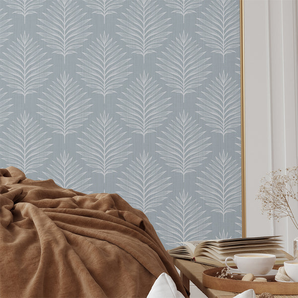 Dusty Blue Palm Leaves Wallpaper  L056