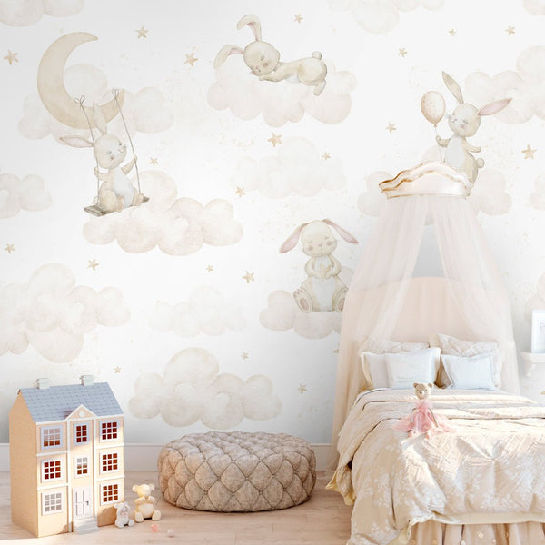 Beige Bunny on Clouds Wall Mural SM068 - CostaCover - Peel and stick Removable Wallpaper - Abstract - abstract wall art - abstract wallpaper