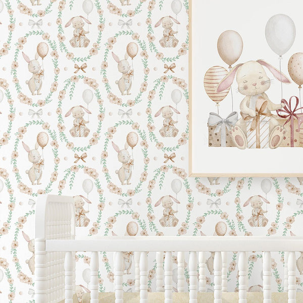 Bunny Flower Wreath Wallpaper S109 - CostaCover - Peel and stick Removable Wallpaper - accent wallpaper - adhesive wallpaper - animal print