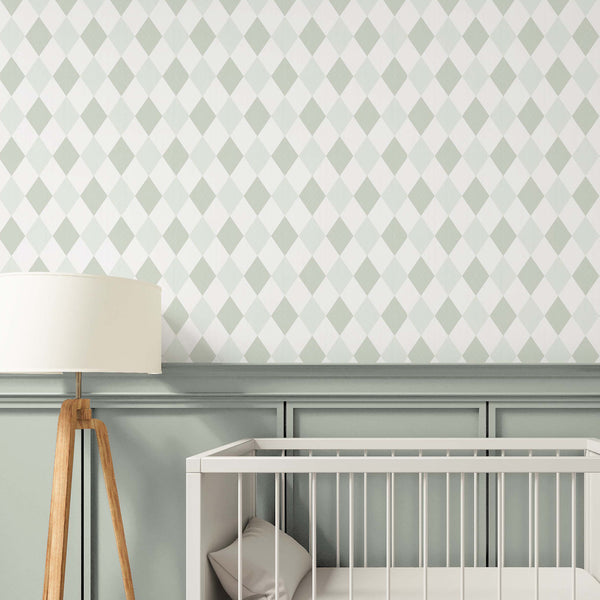 Two Color Green Rhombus Wallpaper with a diamond lattice in muted sage and mint green. Adds fresh, soft geometric rhythm to nurseries or bedrooms. Removable peel and stick, eco-friendly and made in the USA.