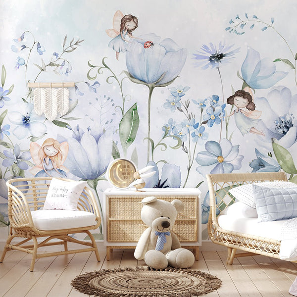 Cute Blue Flower Fairy Wall Mural SM054 - CostaCover - Peel and stick Removable Wallpaper - accent wallpaper - adhesive wallpaper - baby bedroom
