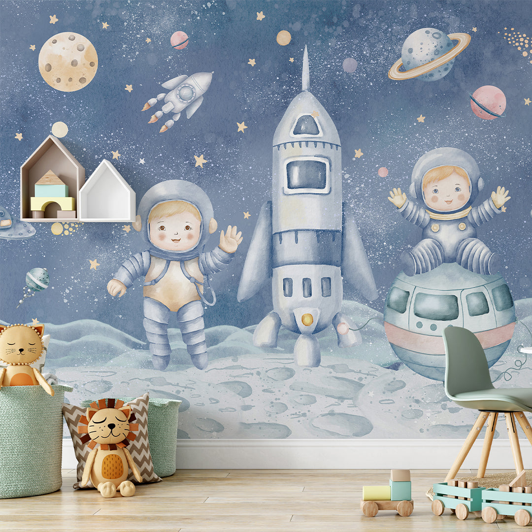 Blue Astronauts & Spaceship Wall Mural SM085