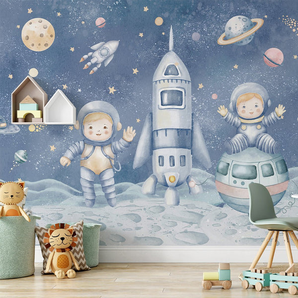 Blue Astronauts & Spaceship Wall Mural SM085 - CostaCover - Peel and stick Removable Wallpaper - accent wallpaper - adhesive wallpaper - baby bedroom