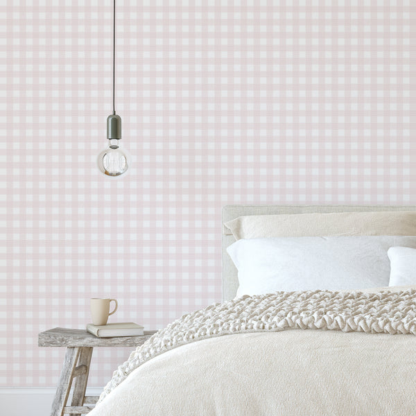 Soft pink plaid wallpaper featuring a classic gingham check pattern with fine striped details on a bright white background for girls rooms.